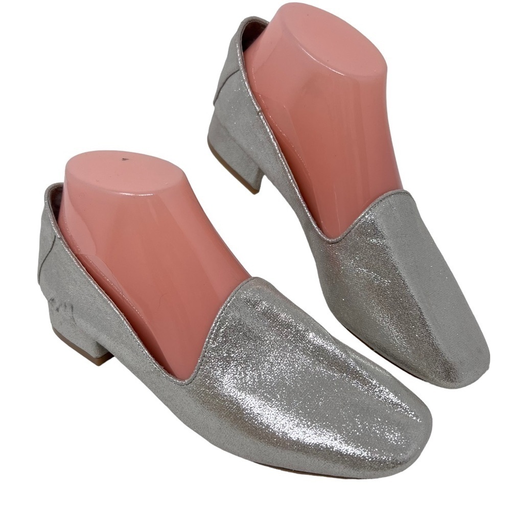 ASOS Silver Shine Slip On Low Block Heel Square Toe Pumps US Size 7 UK Size 5